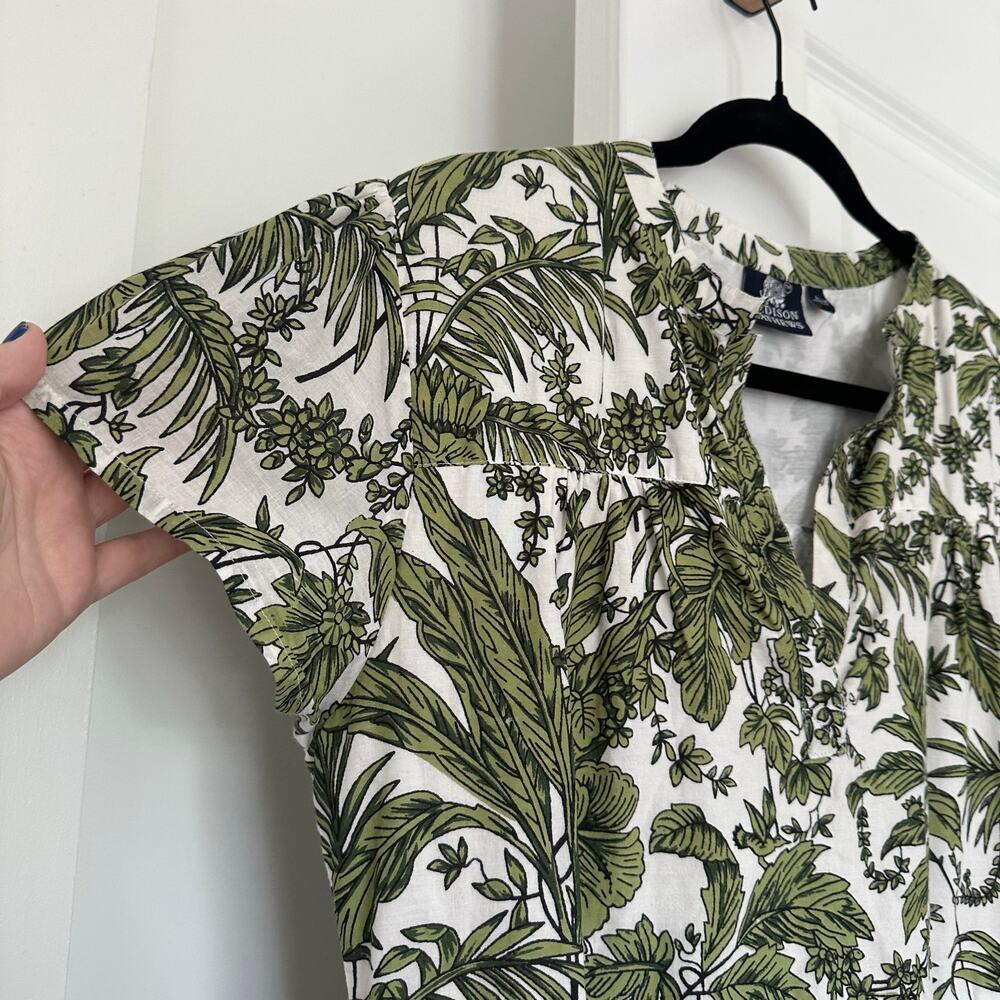 Madison Mathews (L) Tropical Botanical Block Print Green/White Preppy Mini Dress - Picture 3 of 6